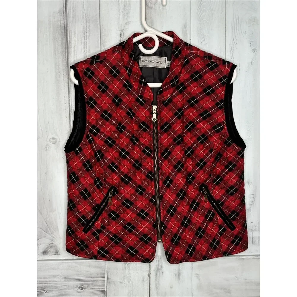 Vintage HOWARD WOLF DALLAS Red‎ Black Plaid Quilted Vest & Midi Skirt Set 12